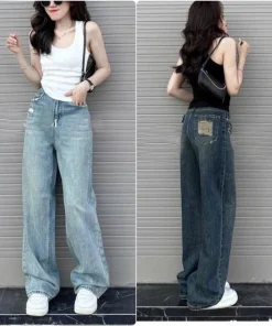 Quần jeans xuông nữ ống rộng rách túi sau hai màu đậm nhạt thích hợp với nấm lùn Pants