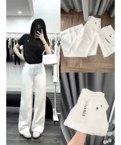 Quần Bò Jeans Nữ Ống Rộng, Quần Bò Denim Suông Ống Rộng Màu Trắng Thêu Ngựa Bản Cạp Cao Siêu Hách Dáng Cực Đỉnh