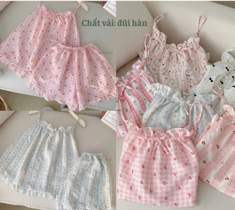 Set pijama đũi hàn 2 dây mềm mại hoạ tiết xinh xắn cotton mùa hè