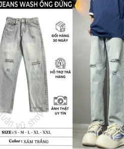 Quần jean suông ống rộng jean 4 màu rách nhẹ Menswear Nam Ong Pants jean