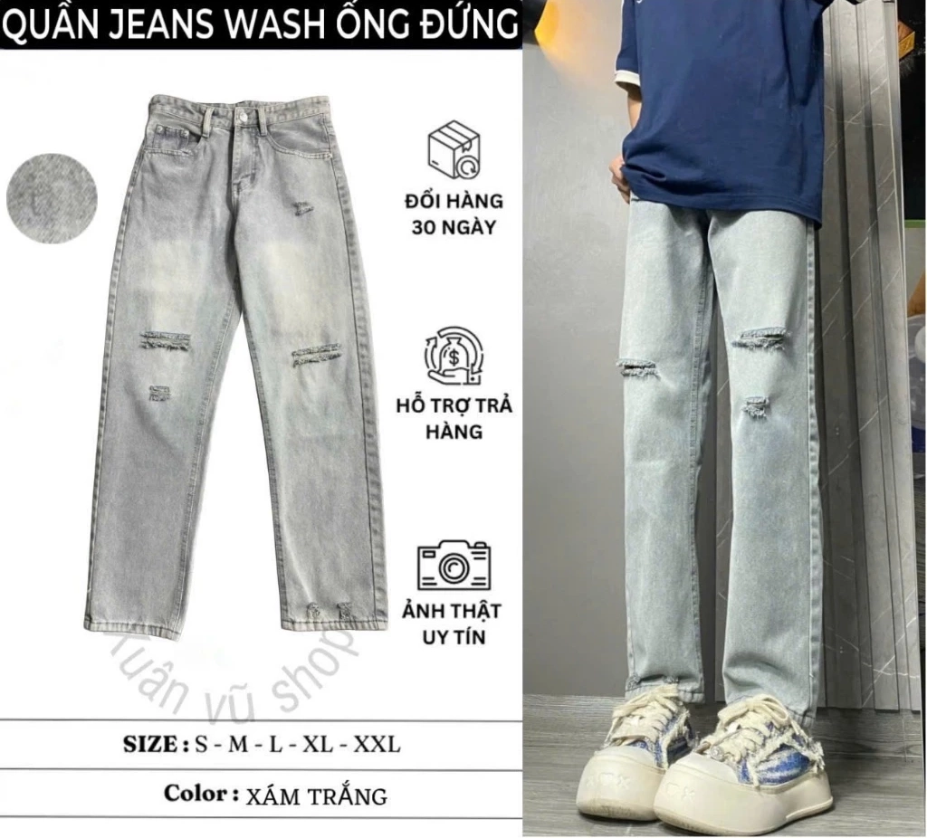 Quần jean suông ống rộng jean 4 màu rách nhẹ Menswear Nam Ong Pants jean