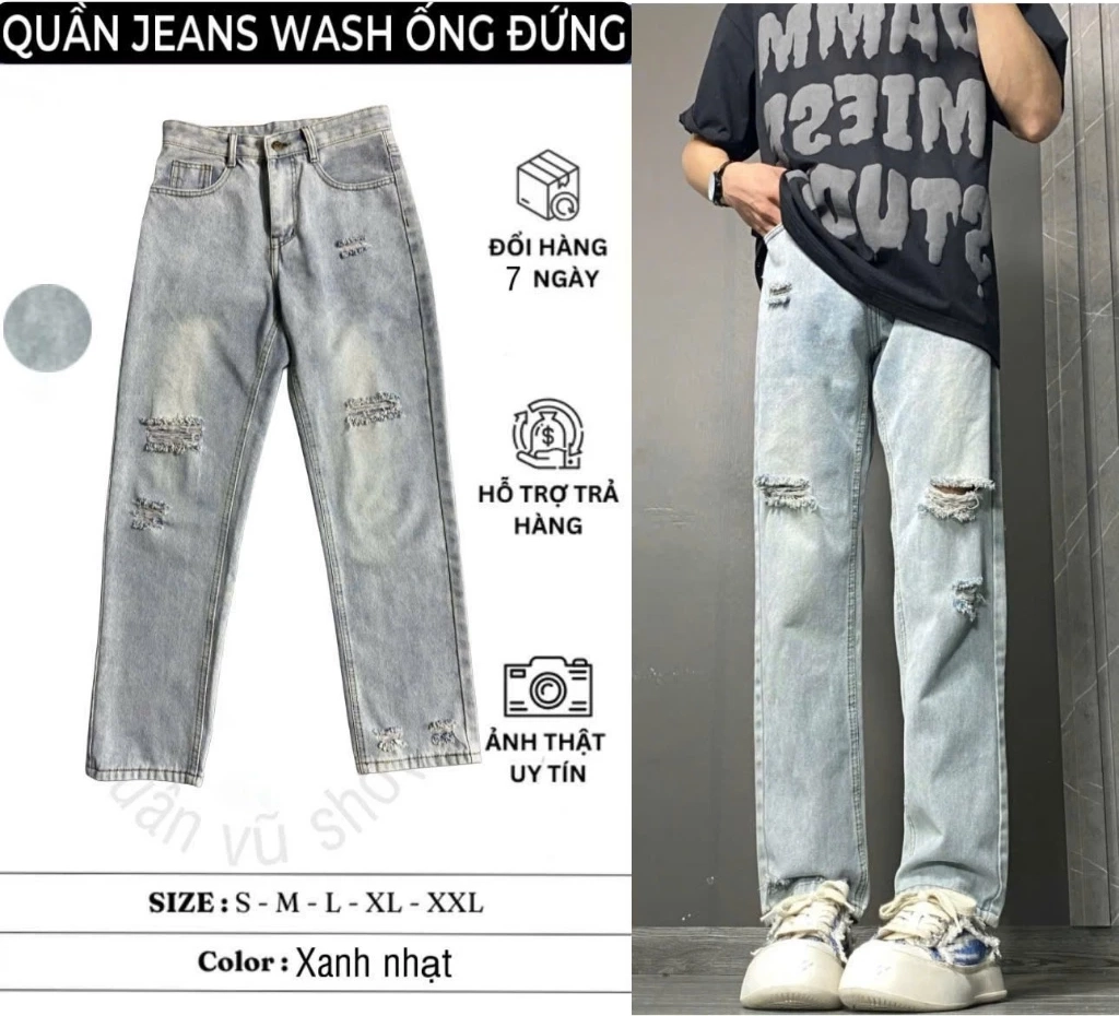 Quần jean suông ống rộng 4 màu rách nhẹ