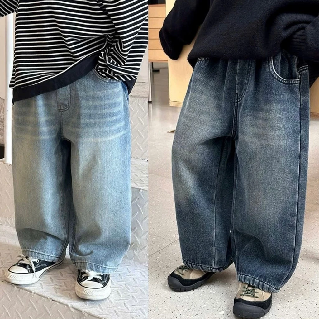 Quần jean ống rộng bé trai phong cách Hàn – dáng suông thoải mái, chất mềm dễ mặc |12–45kg|