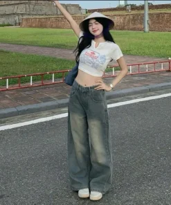 Quần jean bò ống suông rộng nữ xuông jeans cạp cao phong cách style Hàn Quốc