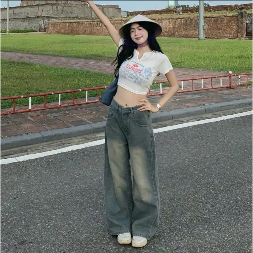 Quần jean bò ống suông rộng nữ xuông jeans cạp cao phong cách style Hàn Quốc