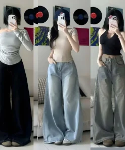 Quần jean bò ống suông rộng ống 33 cm jeans cạp cao phong cách