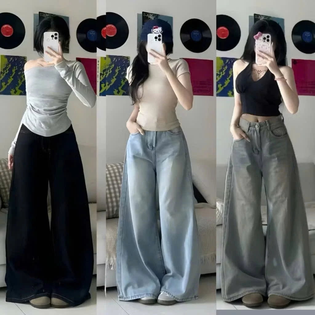 Quần jean bò ống suông rộng ống 33 cm jeans cạp cao phong cách