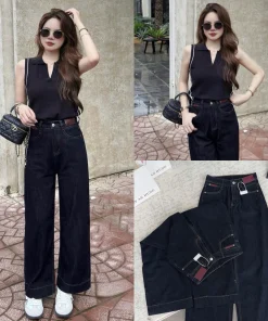 Quần jean suông xanh đen denim phối mác đỏ nâu siêu xinh 95cm/102cm