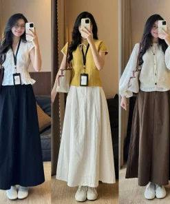 Chân váy kaki thô basic dáng dài xếp ly vintage