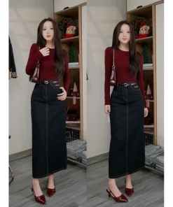 Chân váy jean suông dài 85/ 90cm mác đỏ nâu [VẢI ĐẸP] có xẻ sau tôn dáng