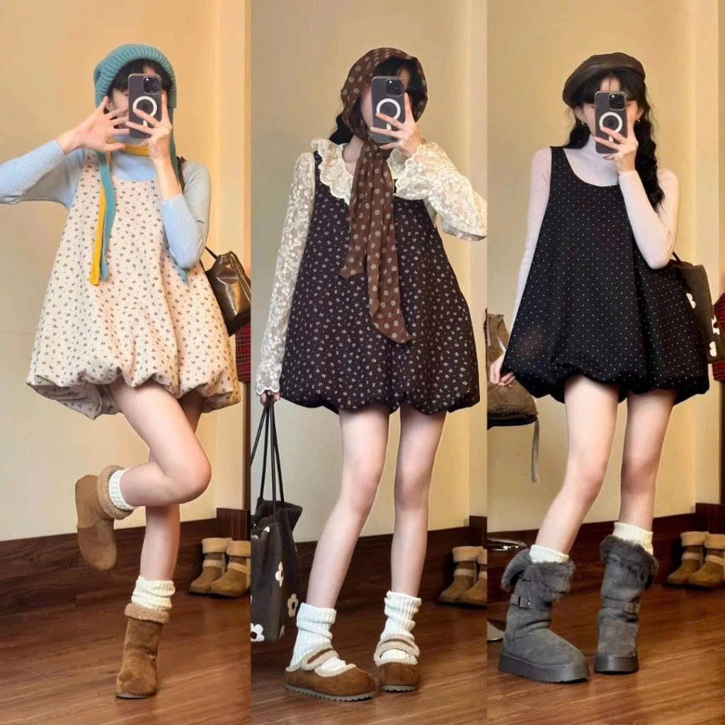 Váy Bí Dáng Phồng Chất Dạ Mềm Họa Tiết Hoa Nhí Bi Xinh Xắn Không Kèm Áo Trong