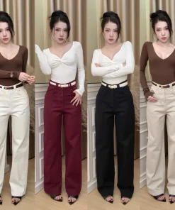 Quần Jean Nữ Ống Suông Màu trắng be nâu May viền Túi Cuốn